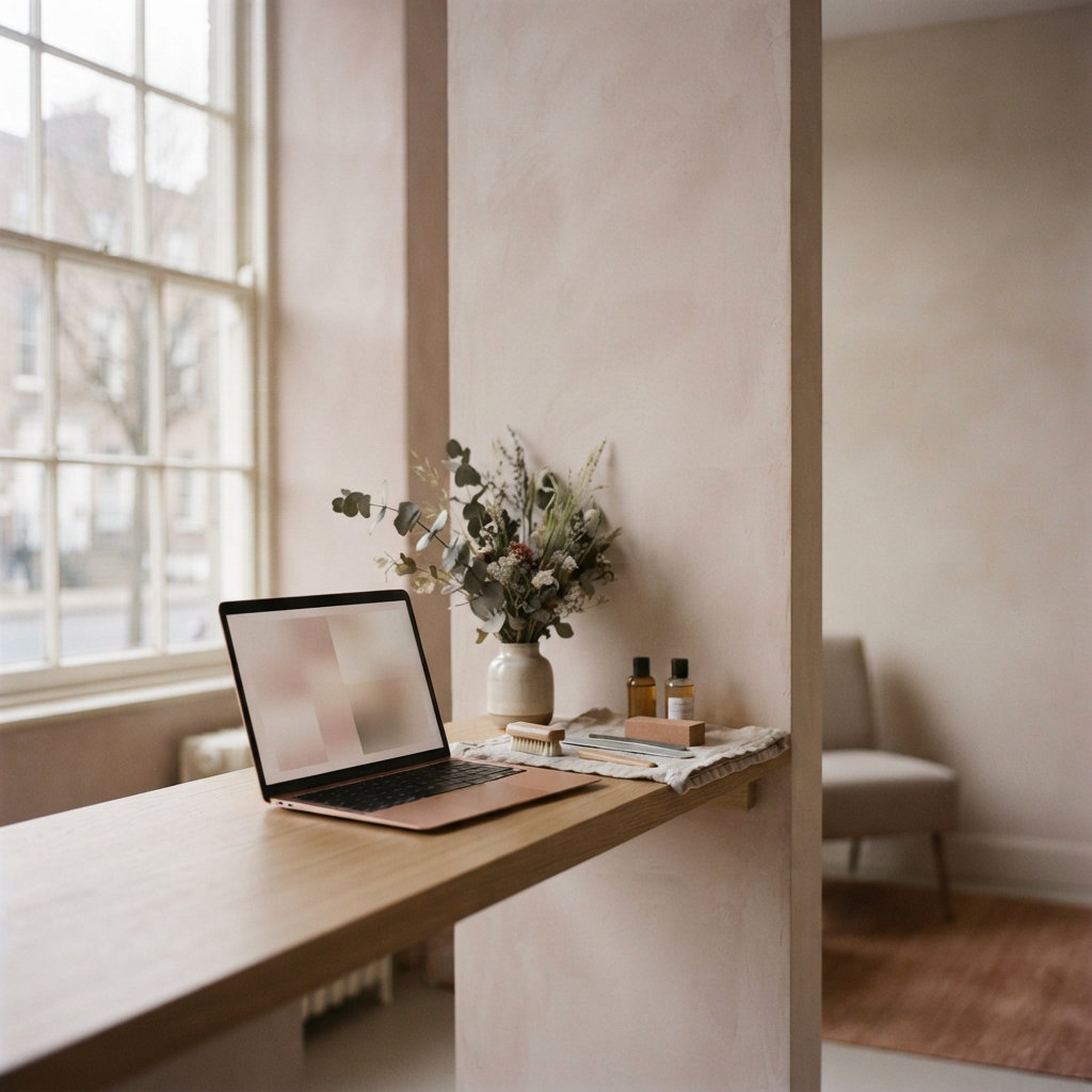 Minimalist workspace with an open laptop, dried flowers, amber bottles, and a large window.